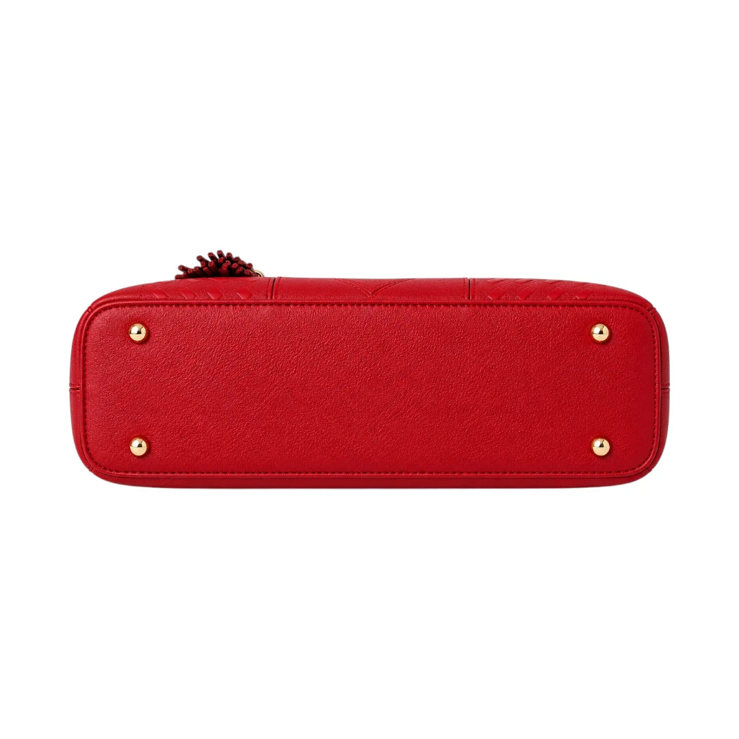Vascal Crimson Red Leather Handbag With Tassel Charm