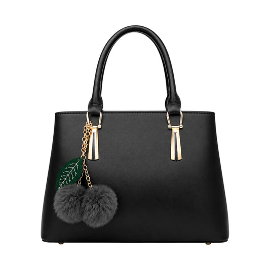 Vascal Classic Black Leather Handbag With Pom Charm