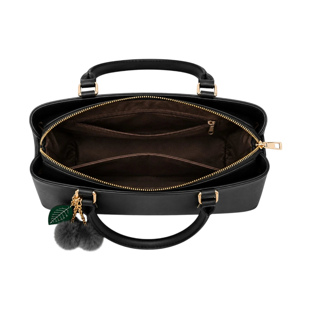 Vascal Classic Black Leather Handbag With Pom Charm