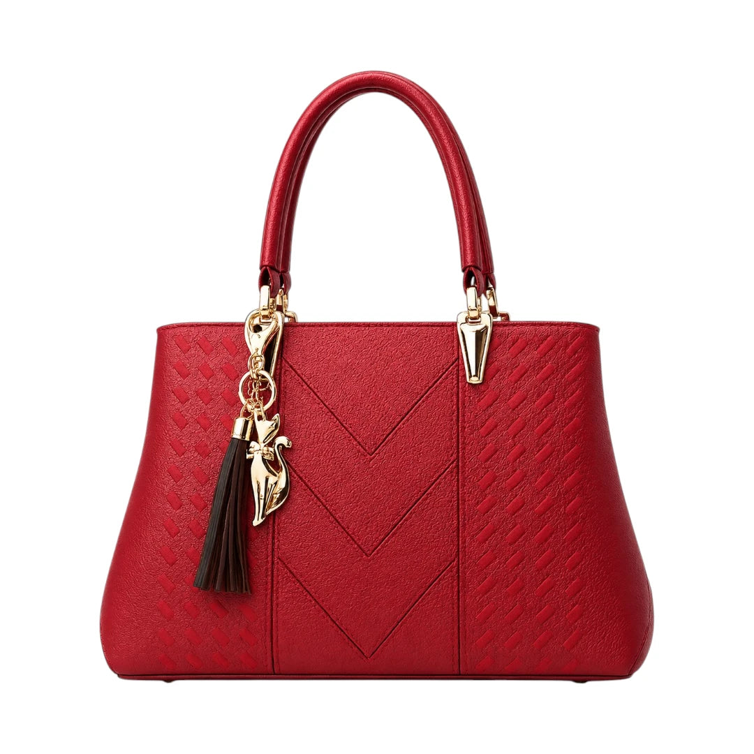 Vascal Crimson Red Leather Handbag With Tassel Charm