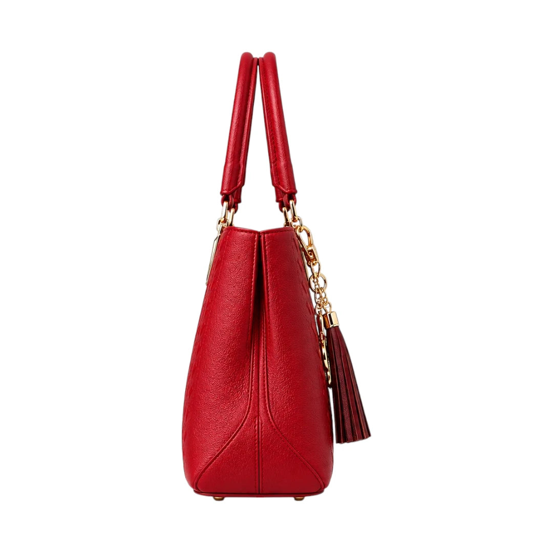 Vascal Crimson Red Leather Handbag With Tassel Charm