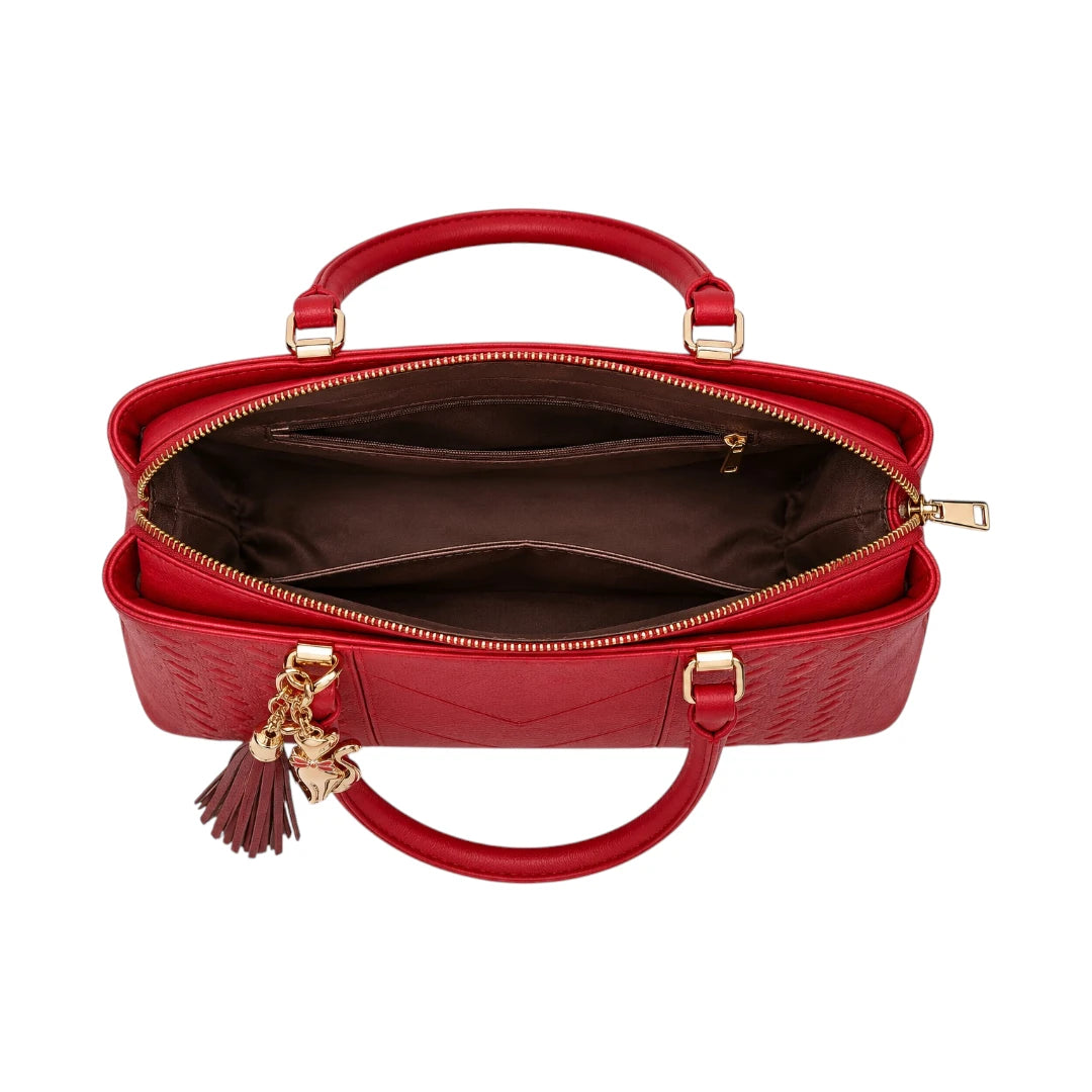 Vascal Crimson Red Leather Handbag With Tassel Charm