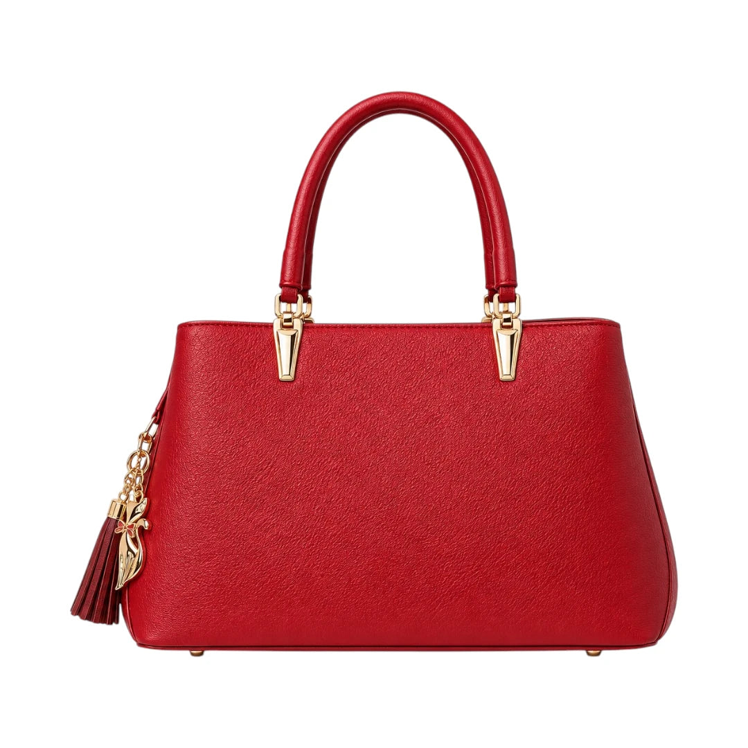 Vascal Crimson Red Leather Handbag With Tassel Charm