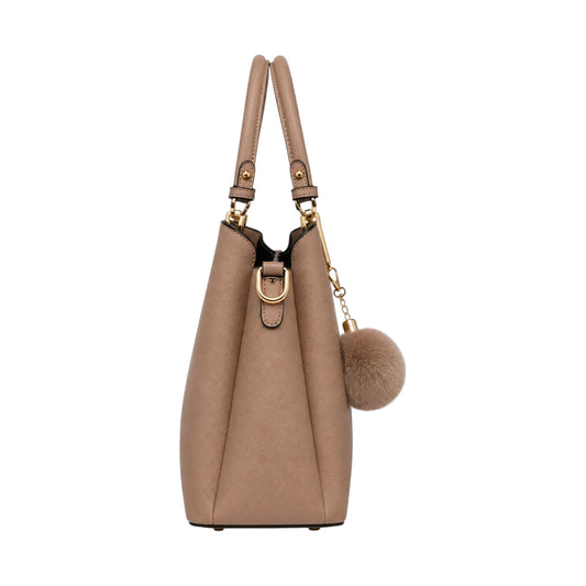 Vascal Premium Beige Leather Handbag with Pom Charm for Women