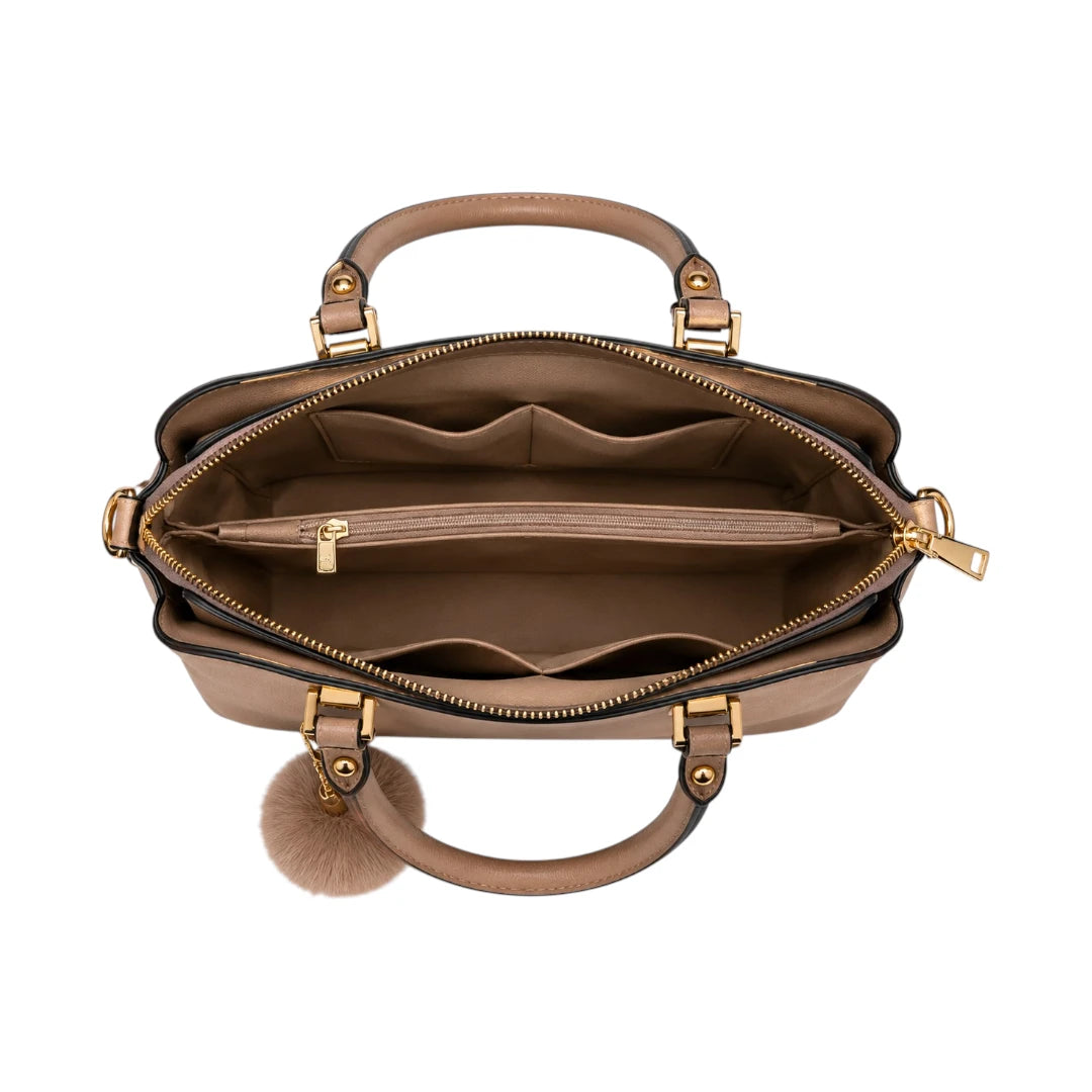 Vascal Premium Beige Leather Handbag with Pom Charm for Women